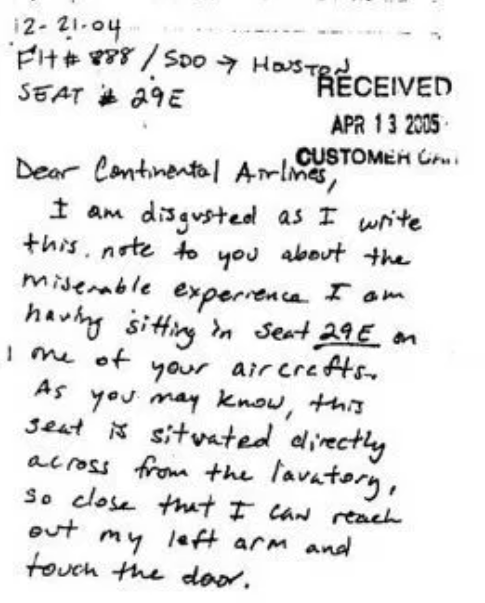 Letter of complaint from seat 29E