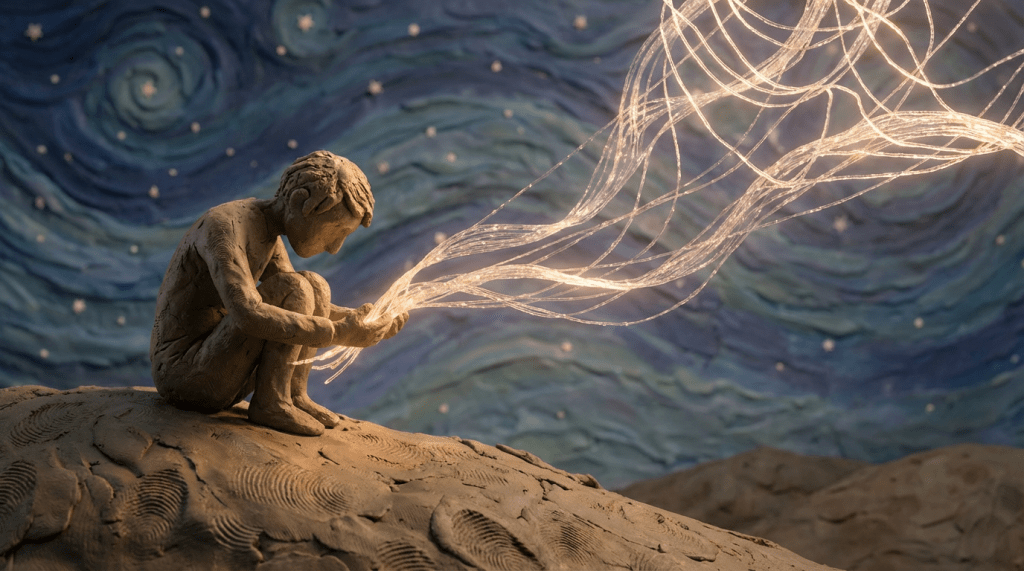Clay sculpture of a seated figure holding glowing flowing threads with a starry swirling night sky background