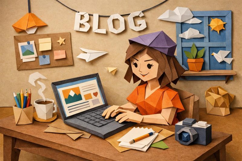 Paper art character typing on laptop with blogging-themed decorations