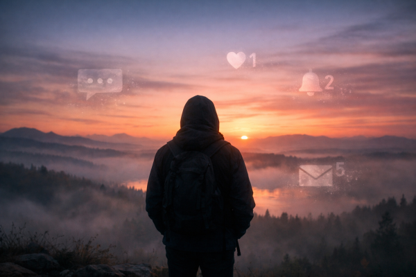 Person standing on a hill at sunrise with social media notification icons
