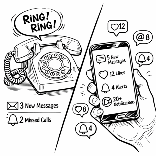 Old rotary phone ringing with 3 new messages and 2 missed calls, modern smartphone showing 5 new messages, 12 likes, 4 alerts, and 20+ notifications