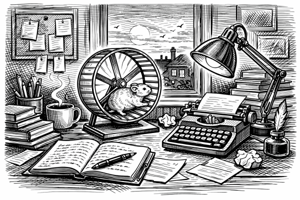 A cluttered writer's desk with a hamster running on a wheel, books, an open notebook with pen, steaming cup, typewriter, lamp, ink bottle with quill, and scattered papers.