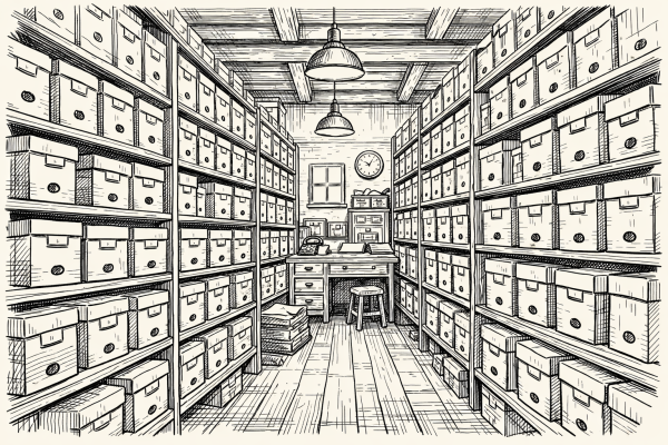 Archive room with numerous storage boxes on shelves and a wooden desk with a stool