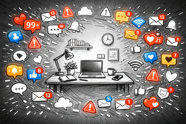 Workspace with laptop and devices surrounded by numerous social media and alert notification icons