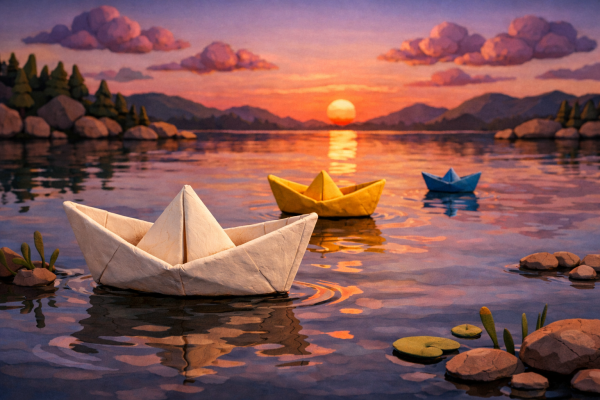 Three paper boats in white, yellow, and blue floating on a lake during sunset