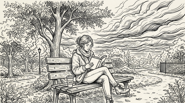 Woman sitting on park bench reading a book with a coffee cup nearby.