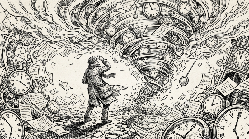 Man facing a tornado of clocks and scattered papers swirling around